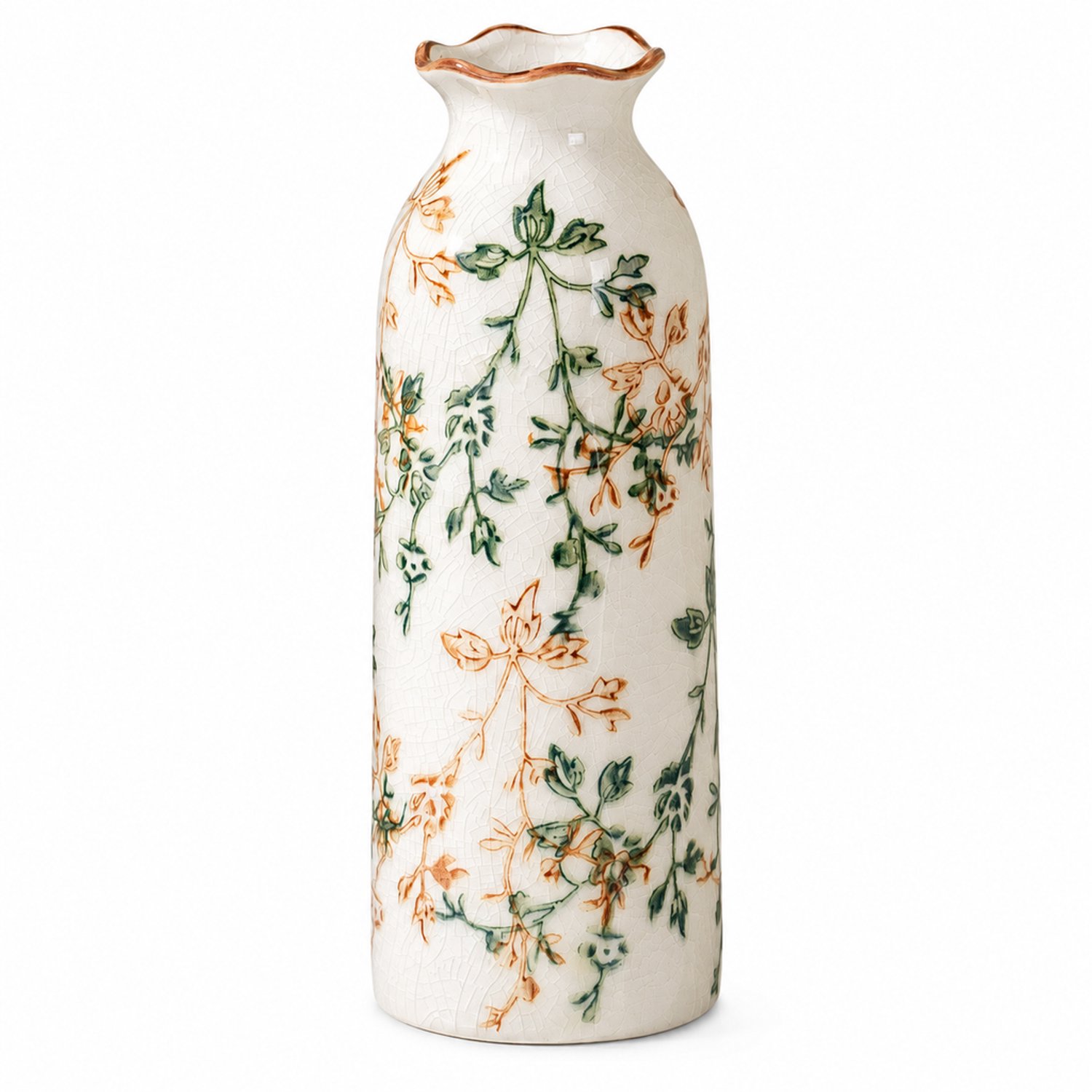 SWGOTA Keramische vaas met cracklé, 19,8 cm hoog, slank model met golvende rand en groen-okerkleurig plantmotief voor kunstbloemen Crème