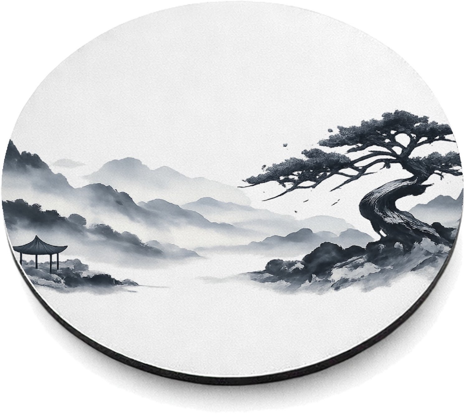 Mr Cadeautjes MDF magnetische fotolijst rond Ø 9,5 - design Elegante bospaadjes in mist met een enkele kromme den als bl | cadeau Wit