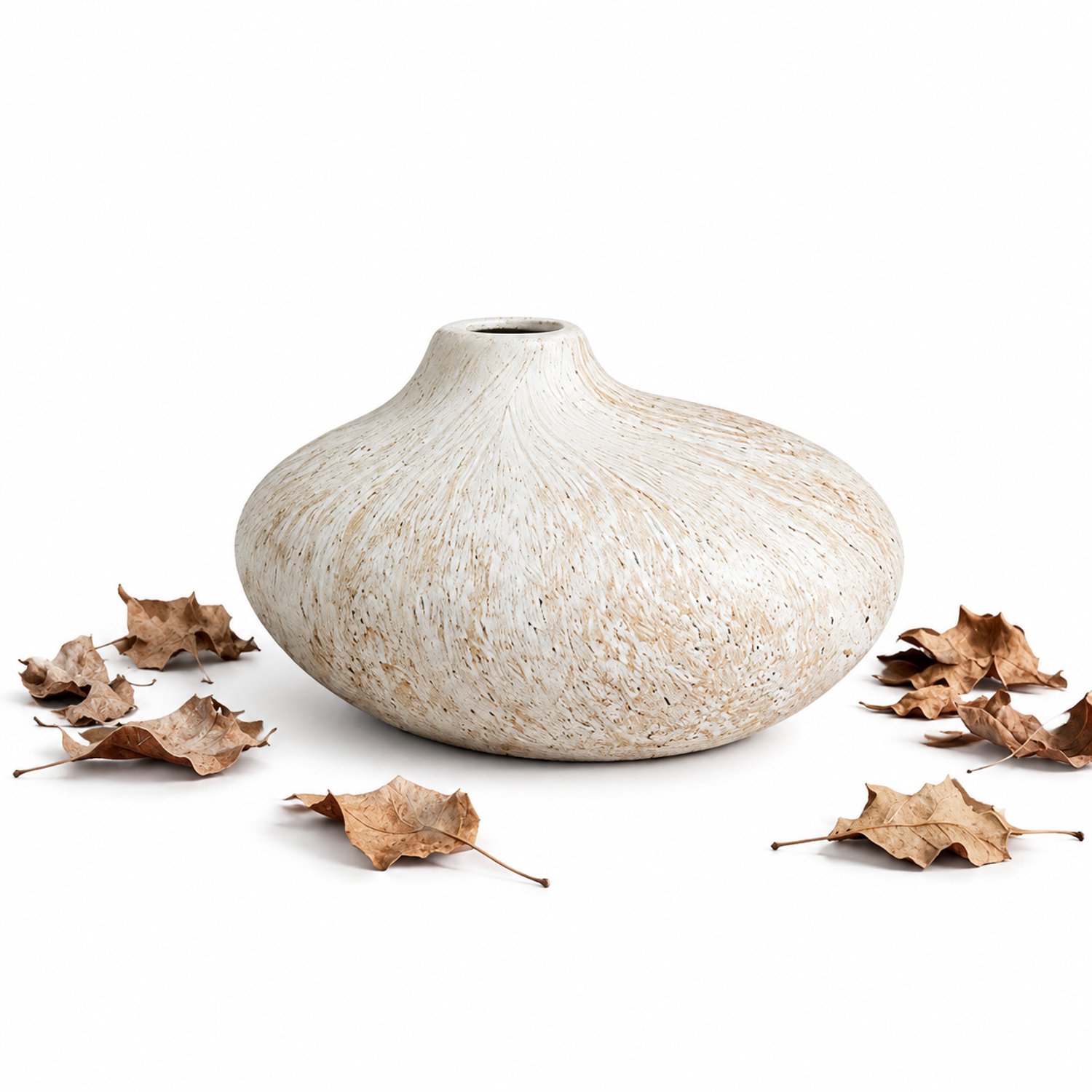 SWGOTA Keramische vaas in wabi-sabi-stijl, 13 x 13 x 7,5 cm, afgeplat rond met korte hals, gebroken wit met beige tekening, voor droogbloemen