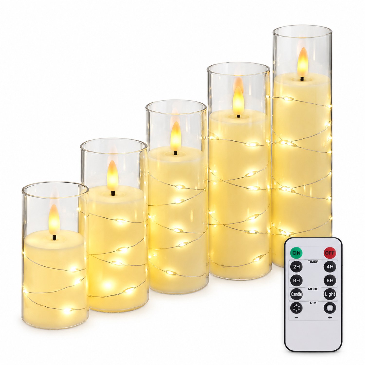 SWGOTA led kaarsen set van vijf met lichtsnoer van 50 lichtpunten kogelvormig model transparante kappen en afstandsbediening Ivoor