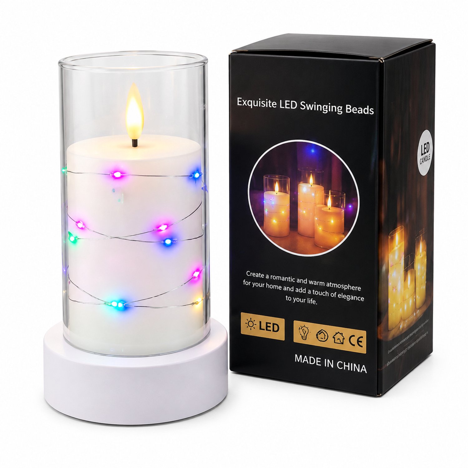 SWGOTA led kaarsen met gekleurde lichtslinger, 7,5 x 15 cm, vlakke bovenrand en vlamvormige lichttip, voor feestdecoratie, zonder batterijen Wit