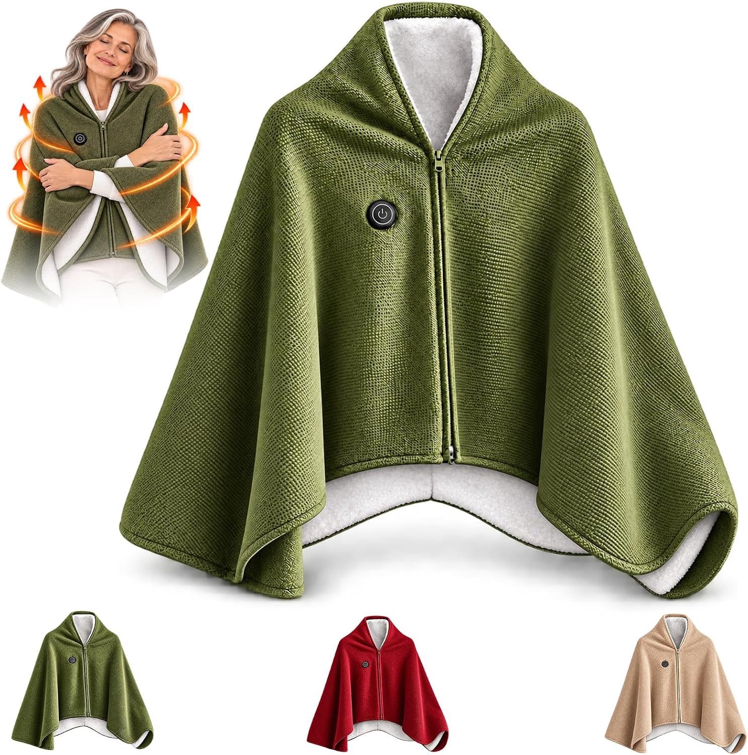 Elektrisch verwarmde cape – Draagbare verwarmde deken-poncho voor dames – 150 x 80 cm – Verwarmde deken om te dragen voorzien van een rits – Werkt op batterijen – 3 warmtestanden – Draagbare verwarmde deken voor thuis of op kantoor Groen