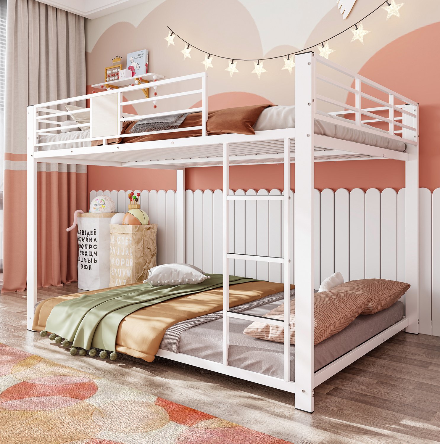 MODFU Stapelbed - Ladder Links Of Rechts - Uitvalbeveiliging - Metaal - Wit En Donkerbruin - 140 X 200 Cm