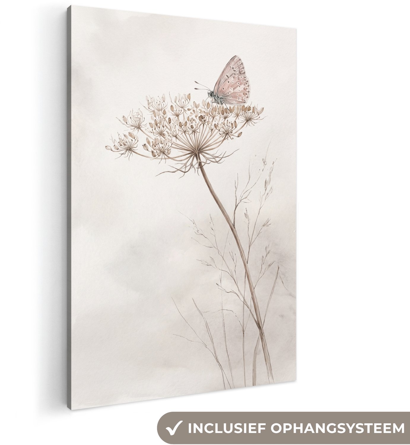 Canvas schilderij 120x180 cm - Exclusieve wanddecoratie Vlinder - Bloem -Natuur - Beige - Muurdecoratie woonkamer - Slaapkamer decoratie - Kamer accessoires - Schilderijen op canvas groot XXL