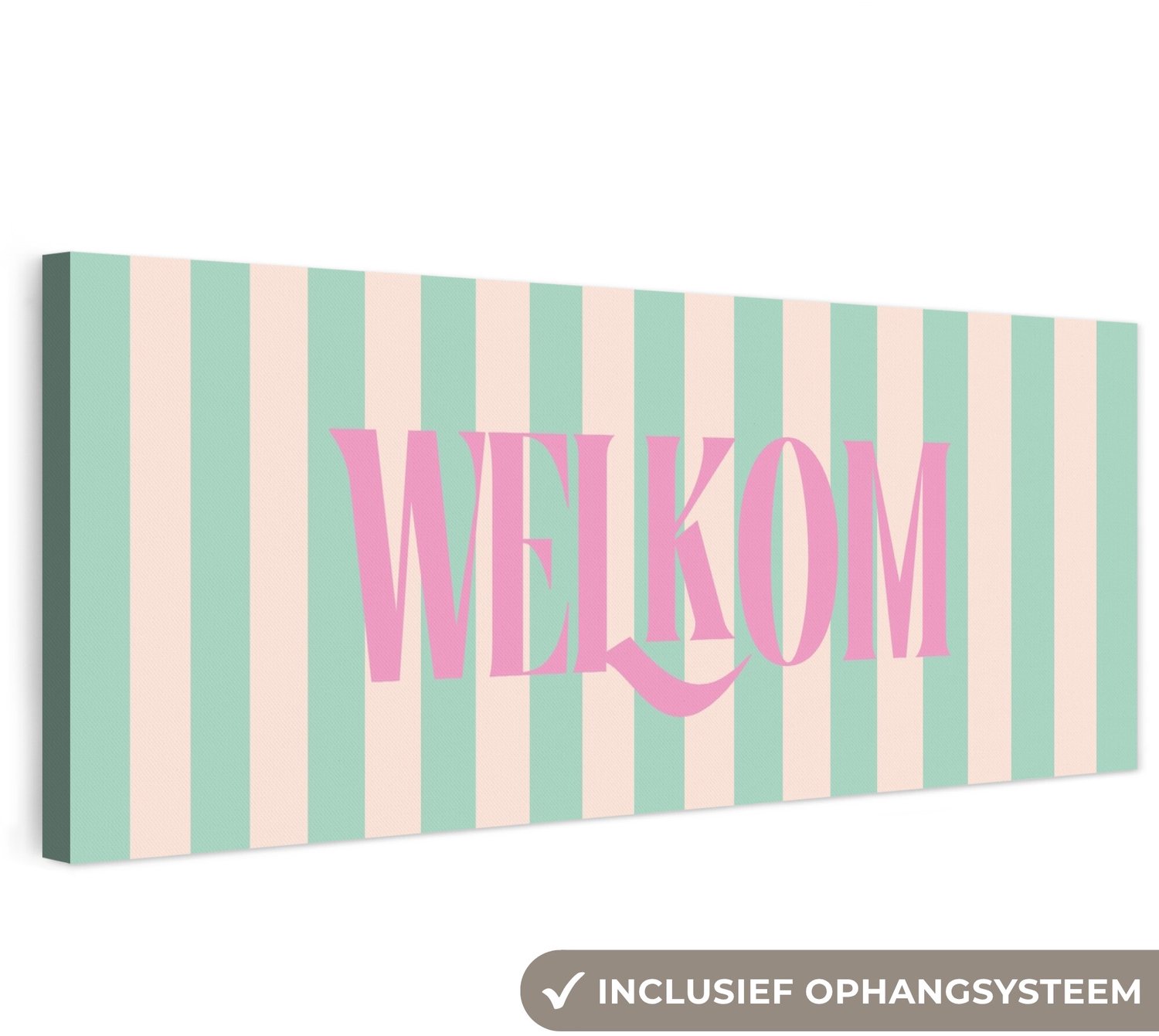 Canvas schilderij 180x60 cm - Exclusieve wanddecoratie Roze - Groen - Strepen - Welkom - Muurdecoratie woonkamer - Slaapkamer decoratie - Kamer accessoires - Schilderijen op canvas groot XXL