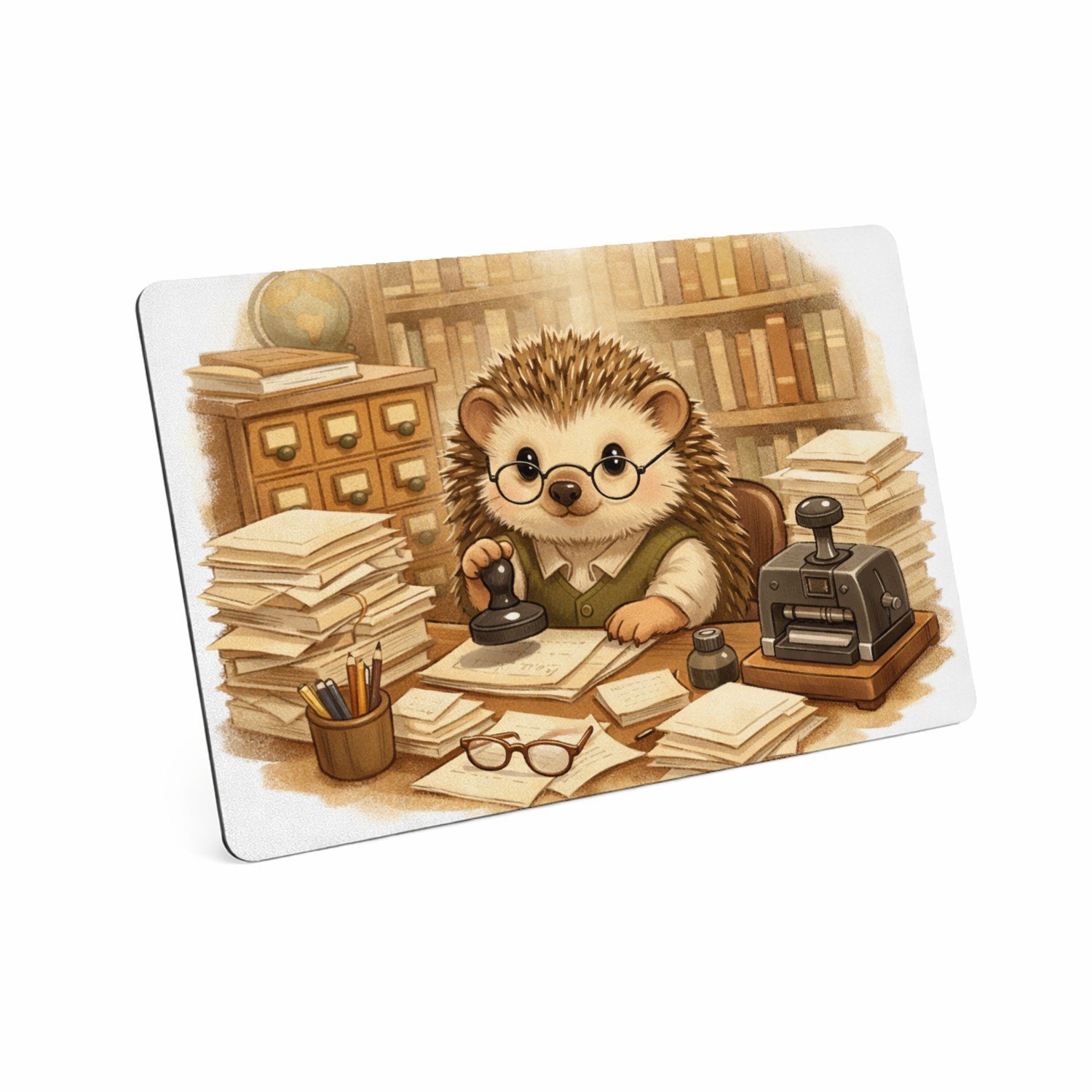 Mr Cadeautjes MDF magnetische fotolijst 28 x 19 - design Een egel als bibliothecaris tussen hoge boekenkasten, met te | cadeau Wit