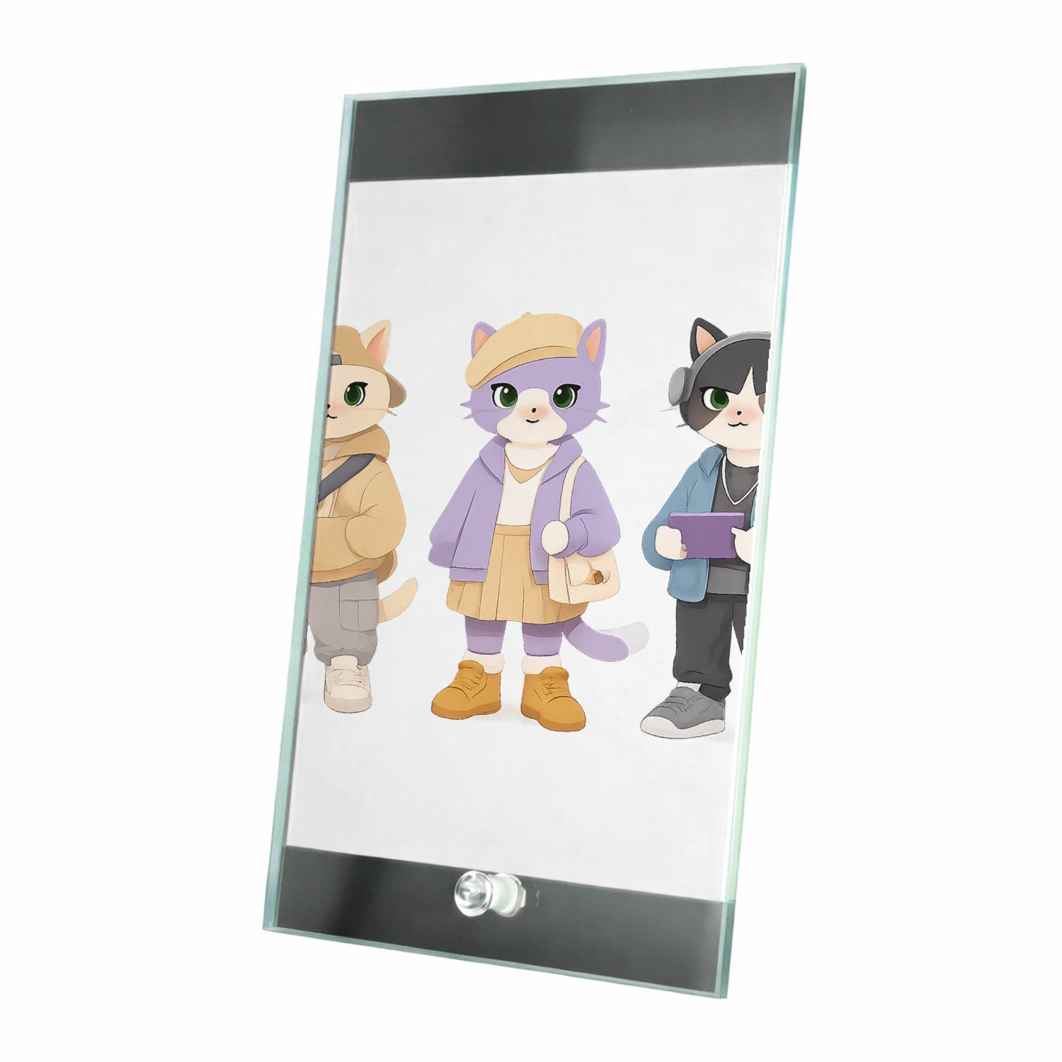 Mr Cadeautjes Glasframe 15 x 23 - design Drie modieuze katten in pastel-outfits, elk met een andere h | cadeau Wit