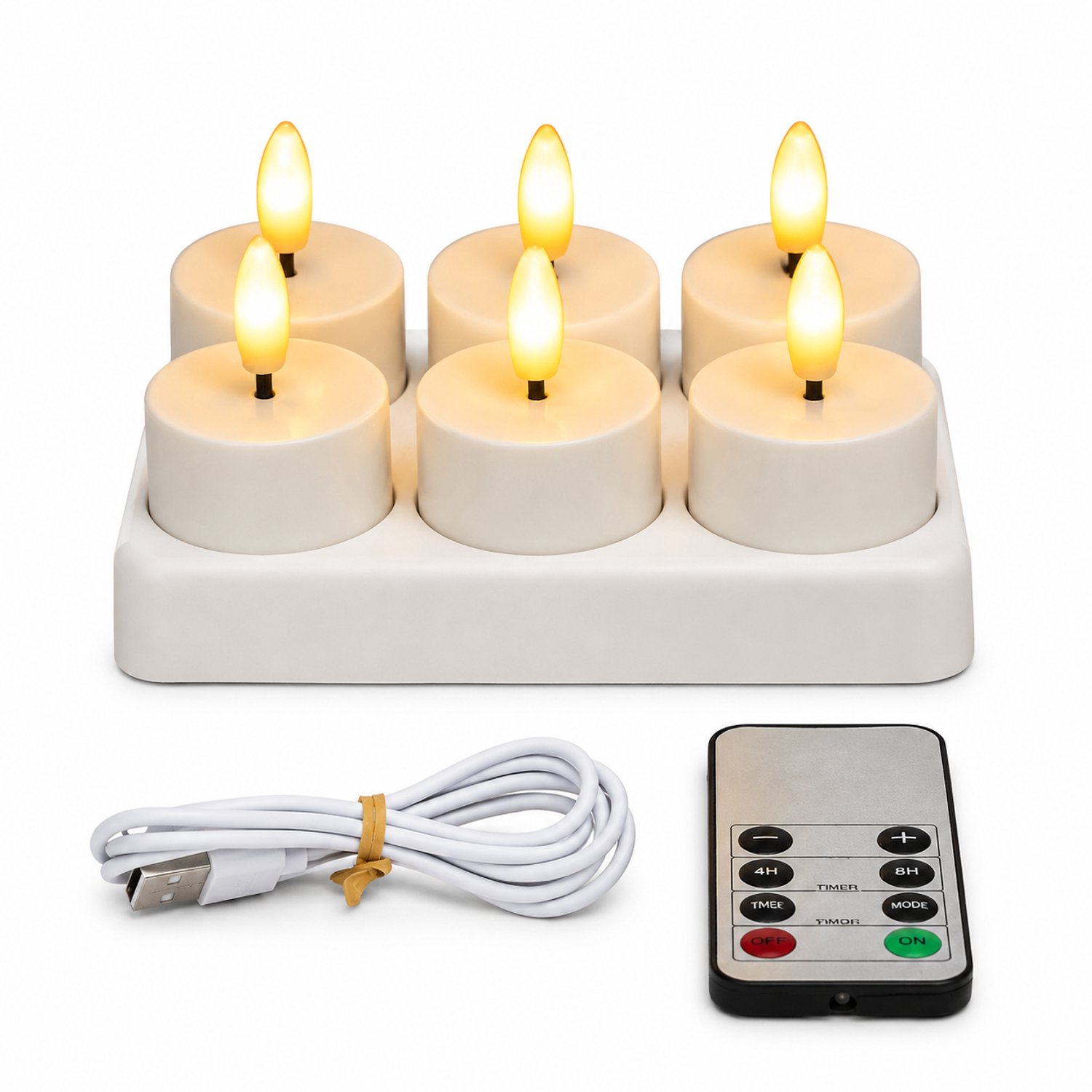 SWGOTA elektronische kaarsen - 6 oplaadbare theelichtjes met warm licht, laadstation, afstandsbediening en USB-kabel, zonder bekers Wit