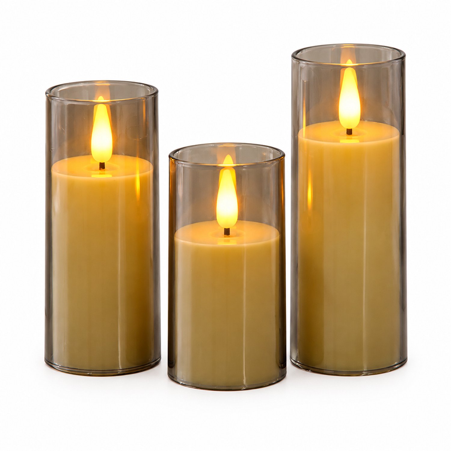 SWGOTA led kaarsen set van 3 - Grijs met vlakke bovenrand en vlamvormige lichttip - 5,5 x 10/12,5/15 cm - Bruiloft- en kerstdecoratie