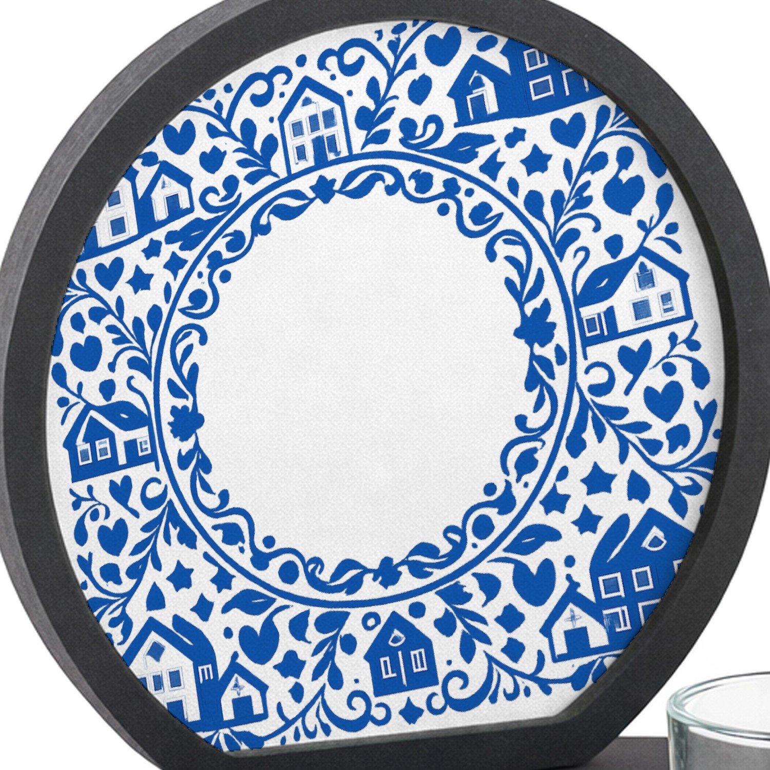 Mr Cadeautjes MDF inleg theelichthouder ~8 cm - design Een klassieke blauw-witte rand met huiselijke symbolen en ee | cadeau