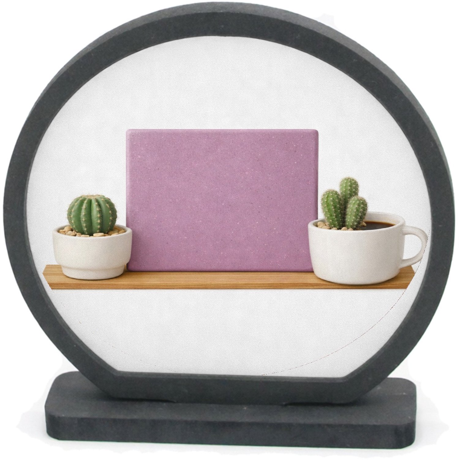 Mr Cadeautjes Houten fotolijst rond met MDF inleg - design Een minimalistische koffiemok met twee kleine cactussen en e | cadeau Wit