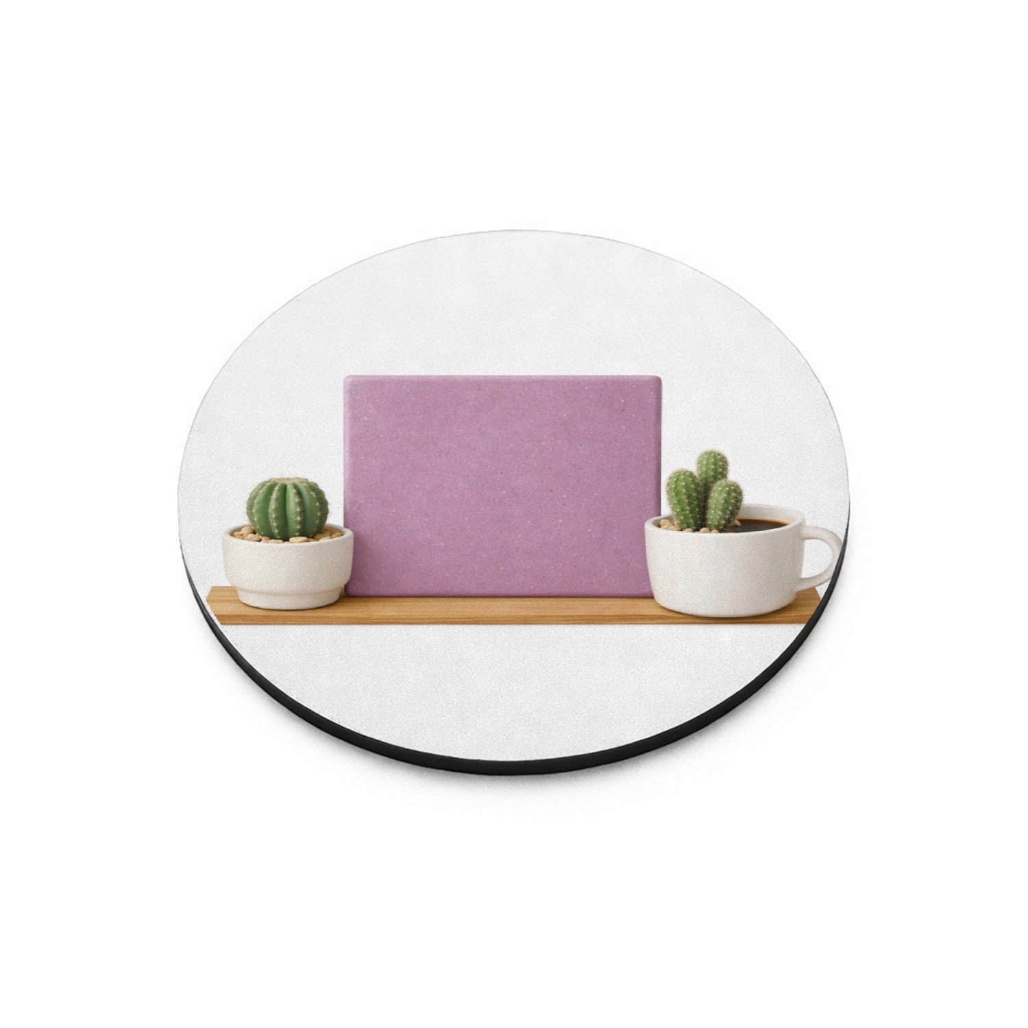 Mr Cadeautjes MDF magnetische fotolijst rond Ø 9,5 - design Een minimalistische koffiemok met twee kleine cactussen en e | cadeau Wit