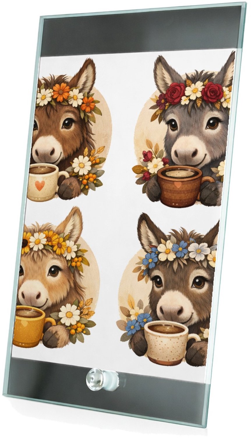 Mr Cadeautjes Glasframe 15 x 23 - design Een serie ezelportretten met boeketjes en een warme drank in | cadeau Wit