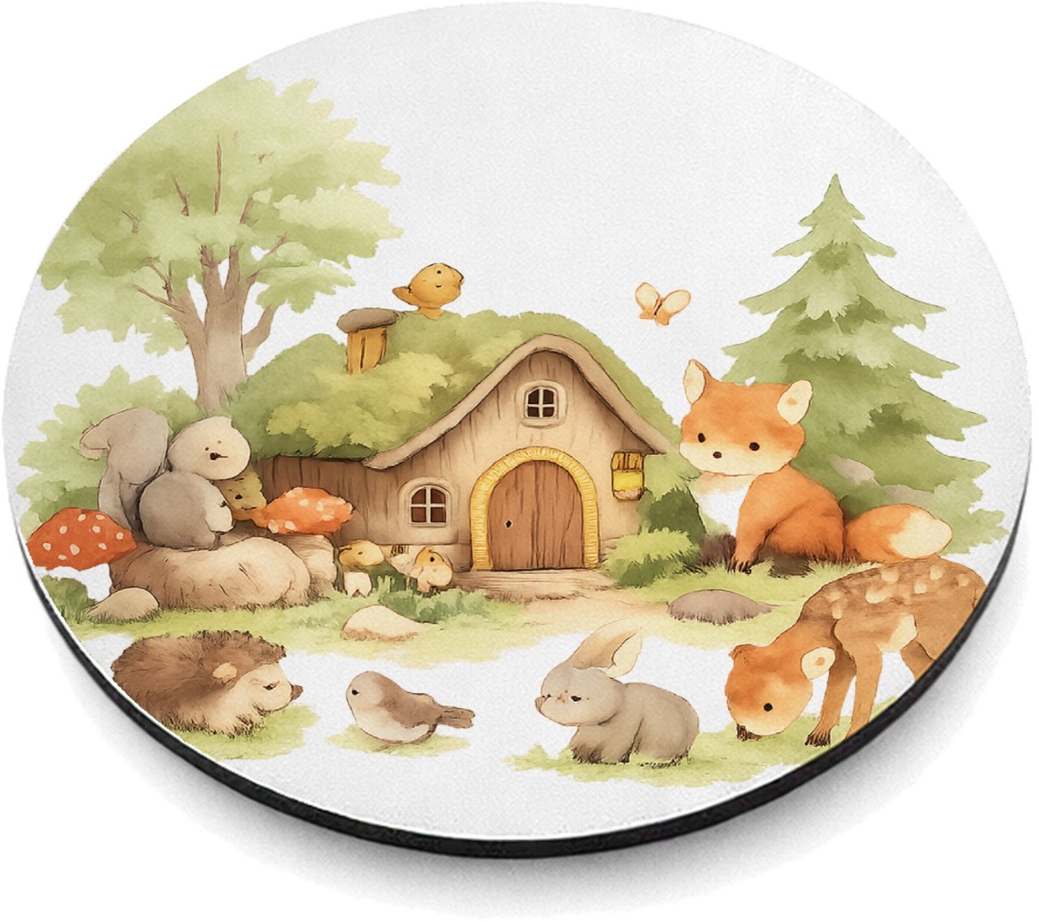 Mr Cadeautjes MDF magnetische fotolijst rond Ø 9,5 - design Een bosrijk ochtendtafereel met schattige dieren rond een ho | cadeau Wit