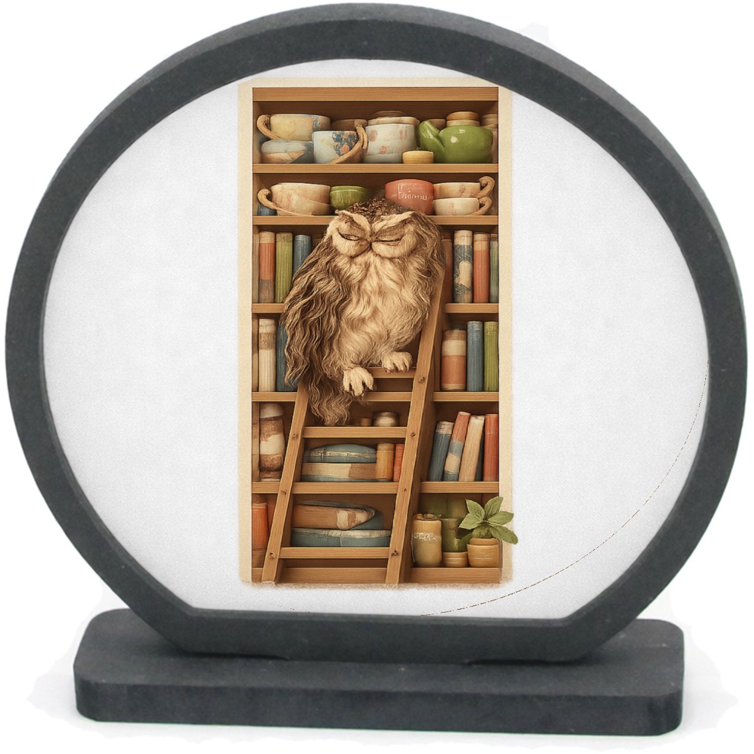 Mr Cadeautjes Houten fotolijst rond met MDF inleg - design Een slaperige uil op een ladder naast een hoge plank met the | cadeau Wit