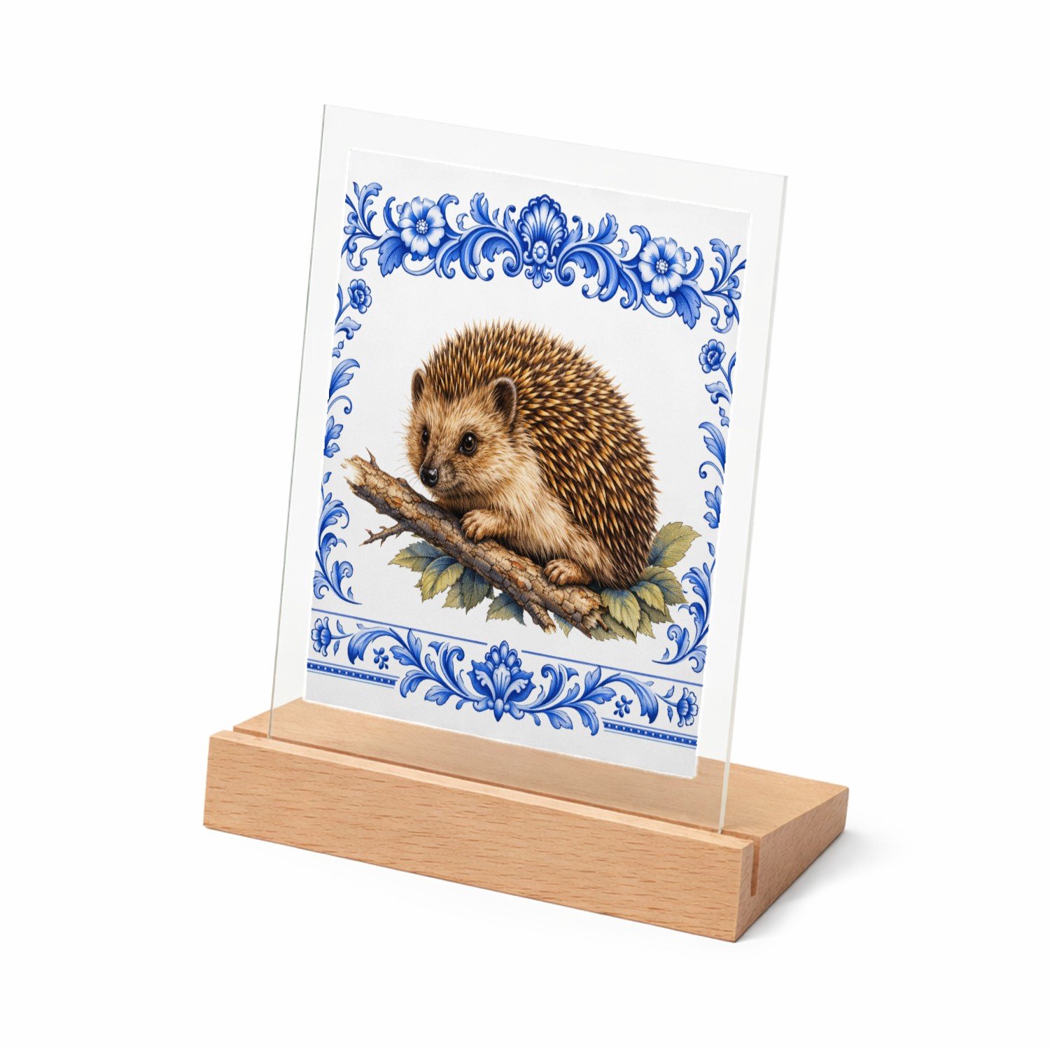 Mr Cadeautjes Glasframe met vaste tekst - design Een realistische egel op een tak of tussen bladeren, omringd | cadeau Wit