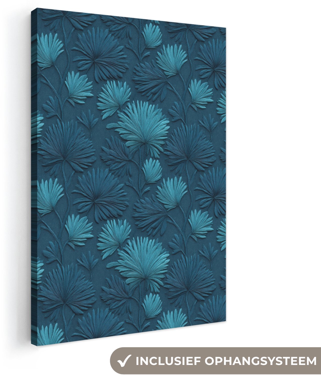 Canvas schilderij 40x60 cm - Exclusieve wanddecoratie Bladeren - Reliëf - Patroon - Oceaanblauw - Modern - Muurdecoratie woonkamer - Slaapkamer decoratie - Kamer accessoires - Schilderijen op canvas