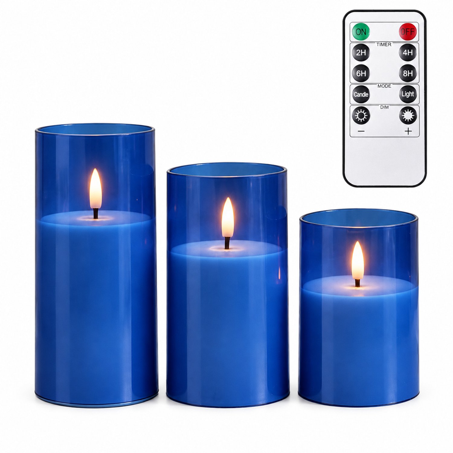 SWGOTA led kaarsen blauw, 3 stuks per doos, met afstandsbediening en timeropties, cilindervormig in verschillende hoogtes voor kerst- en bruiloftsdecoratie