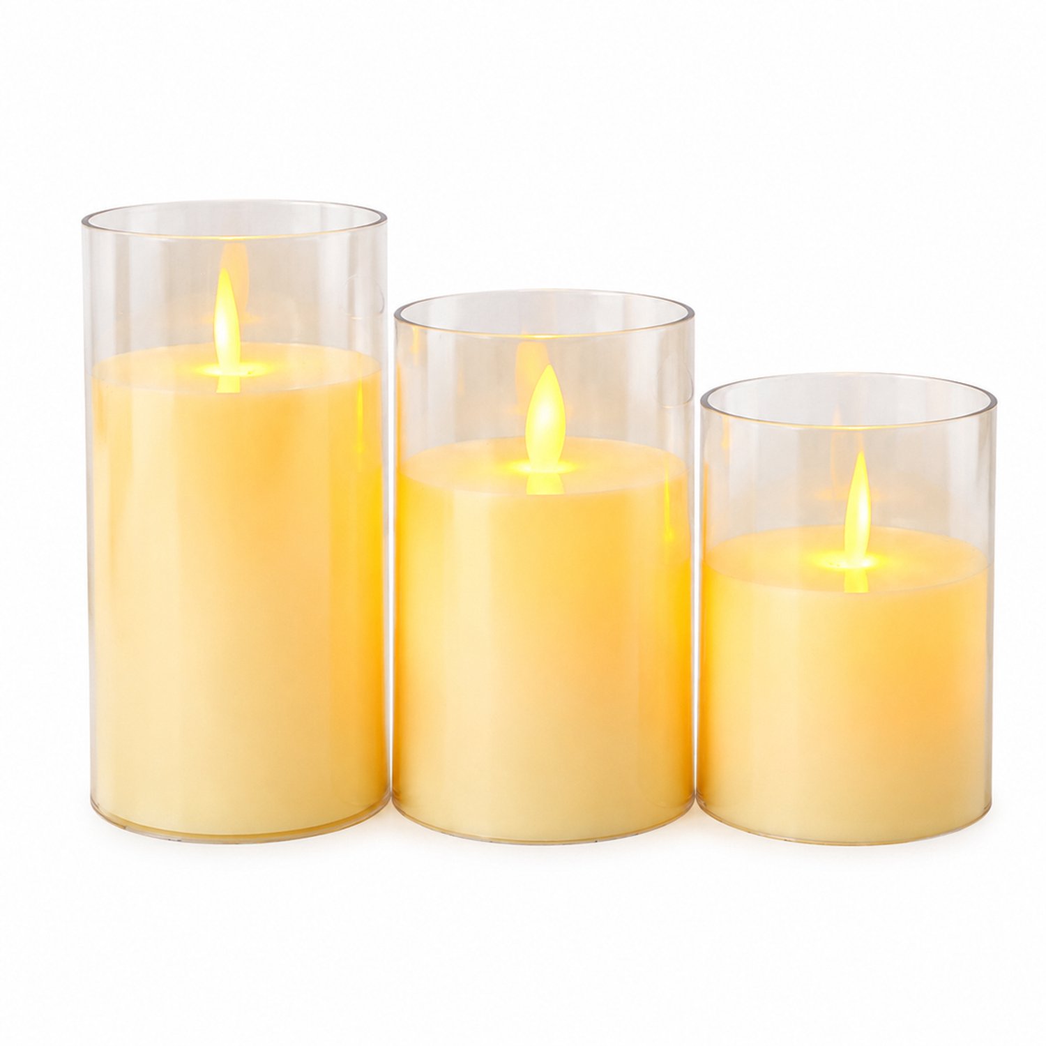 SWGOTA led kaarsen, set van 3 met bewegende vlam en transparante cilindrische behuizing, decoratie voor diners en feesten Crème