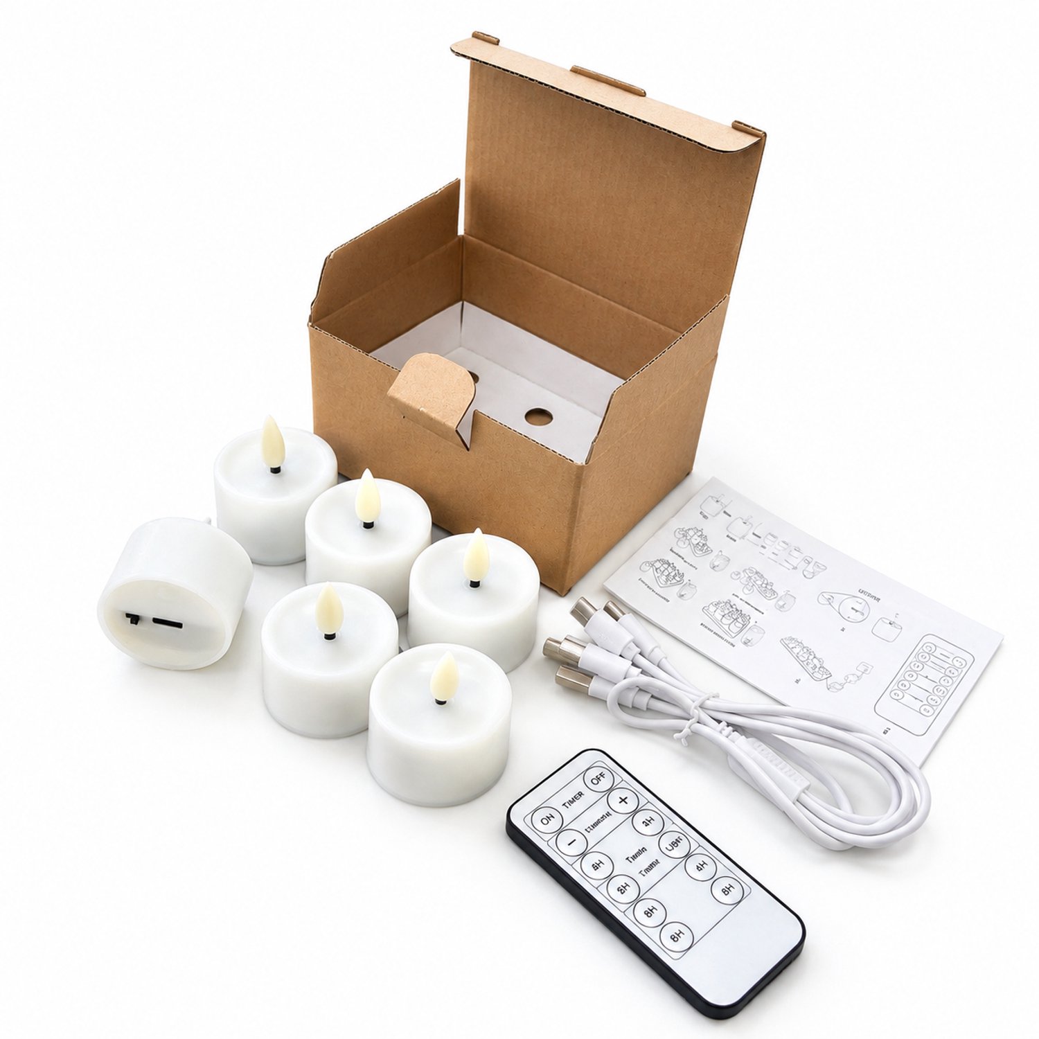 SWGOTA 6 witte led kaarsen in theelichtvorm, oplaadbaar via USB-C, met afstandsbediening en laadkabel, zonder oplaadbasis