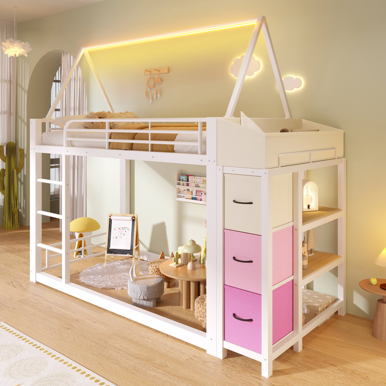 Zubaliya Hoogslaper, 90 x 200 cm, Metaal, Plank, Stoffen lades, LED-lichtstrip, Zonder matras, Wit