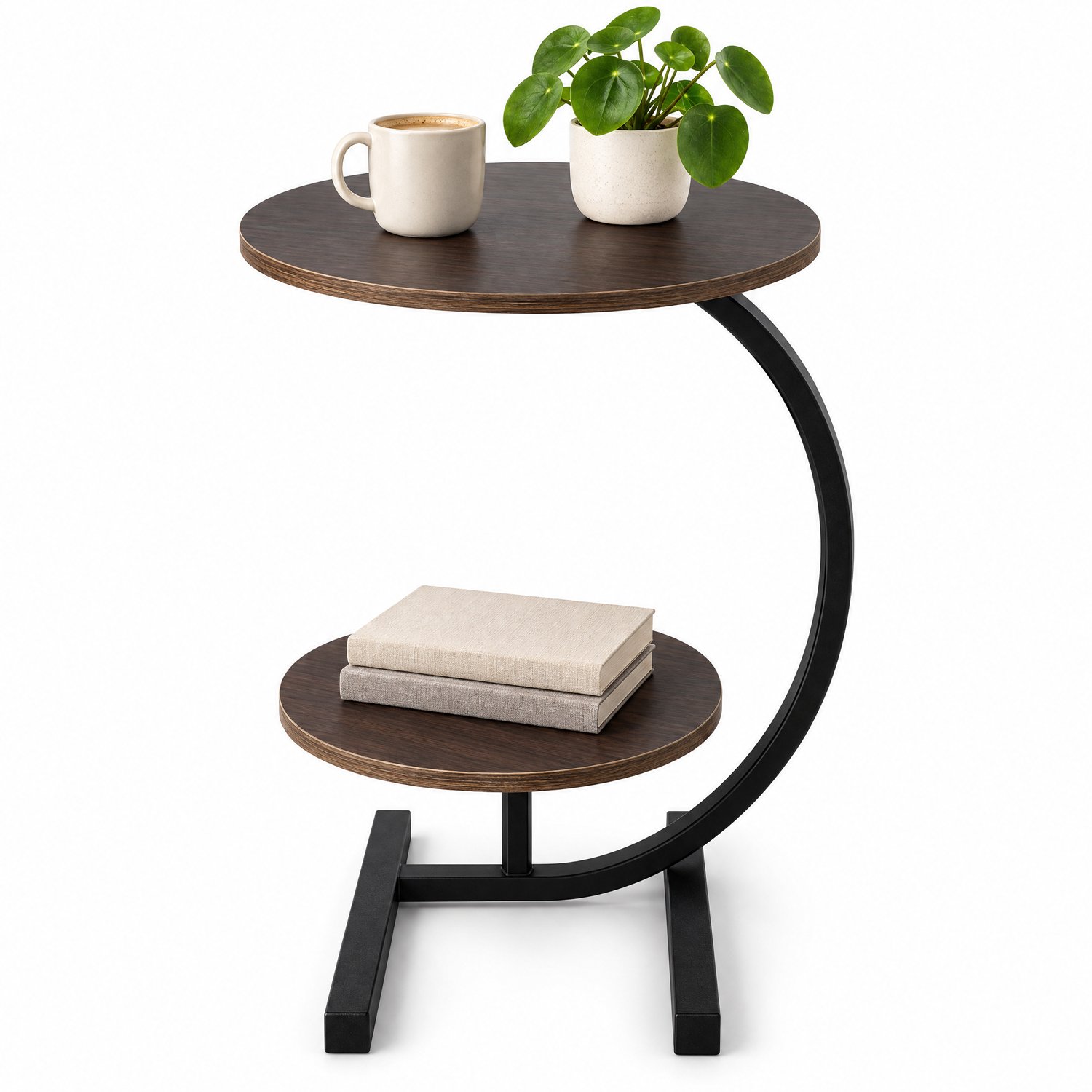 Levano Bijzettafel - Sidetable Industrieel - Bijzettafeltjes Woonkamer - Tafeltje voor bij de Bank - Ronde Tafel - Koffietafel - Sidetable Hout - Bank Tafeltje - Bijzettafels Metaal met Hout - Bijzettafeltje Rond - Tafel met Opbergruimte Bruin;Zwart