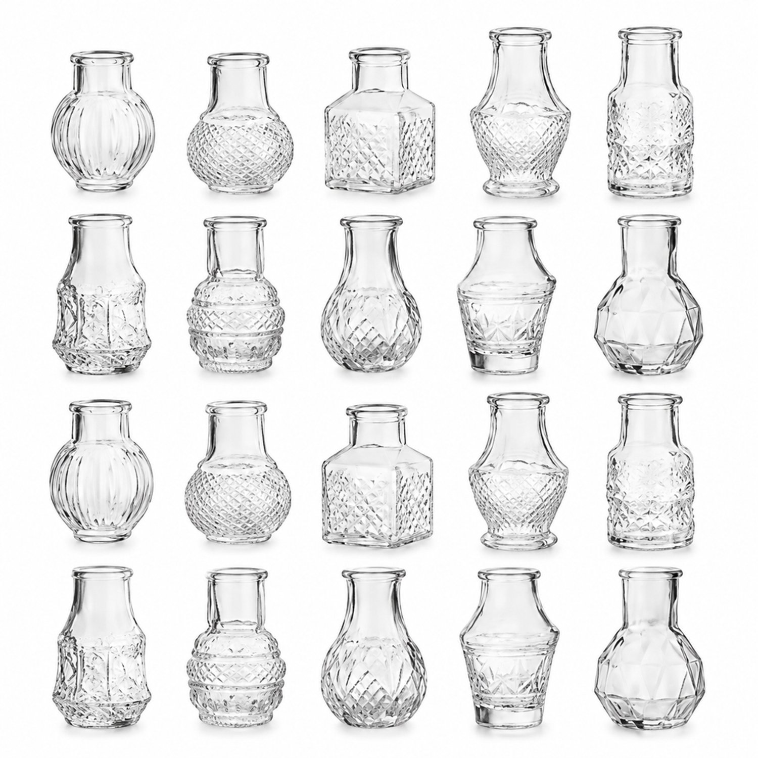 SWGOTA Set van 20 transparante glazen vaasjes met diverse vormen en reliëfpatronen, voor kunstbloemen, in kartonnen doos
