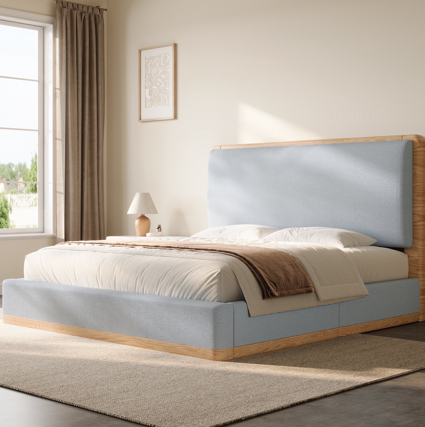 STILVORA Gestoffeerd Bed 140x200 cm – Zacht Hoofdbord – Lattenbodem – voor de Slaapkamer – MDF – Matras Niet Vermeld – Grijs en Naturelhoutkleur