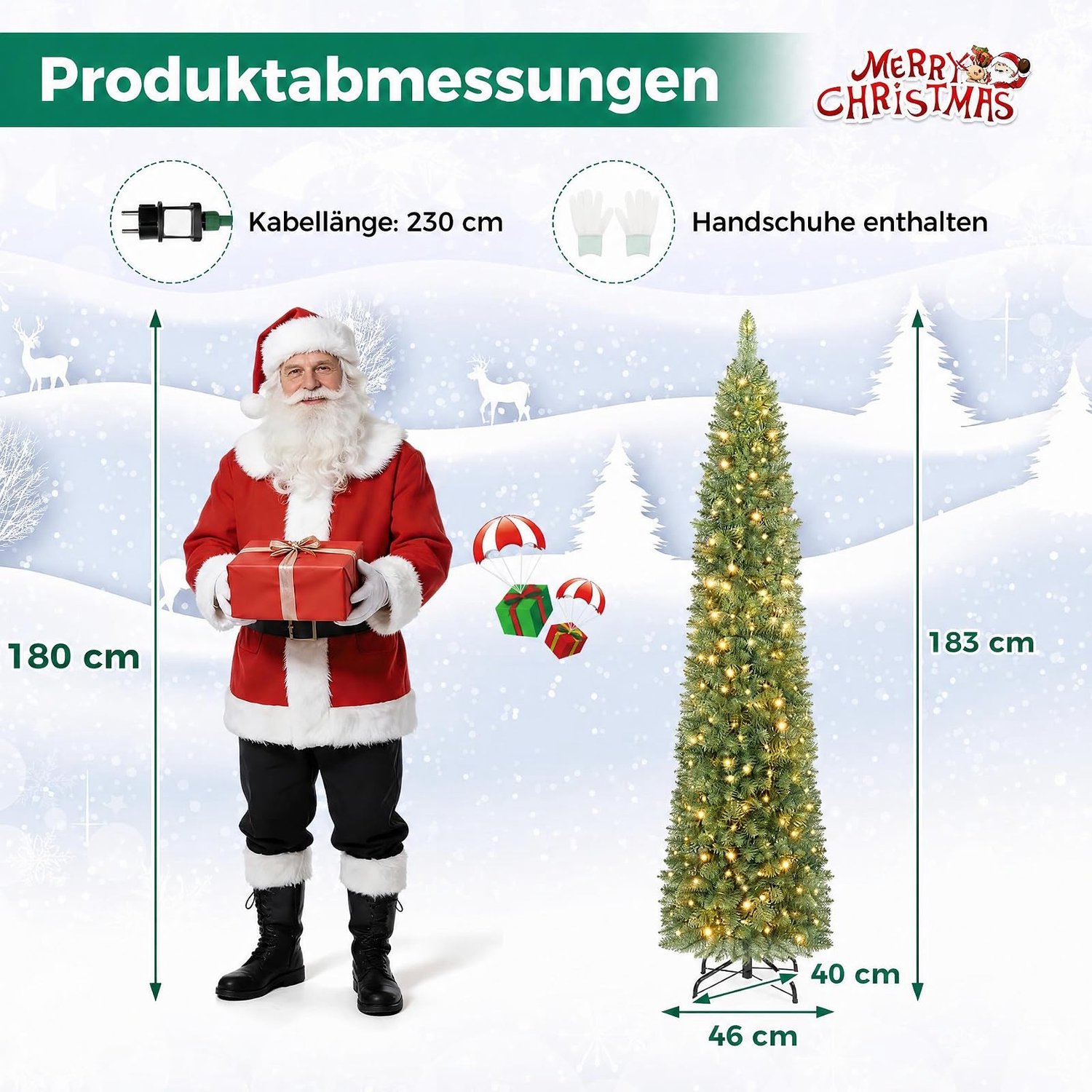 COSTWAY 180 cm Kunstkerstboom smal met verlichting - 445 takken - 180 warmwitte LED-lampjes - Metalen Standaard - Snelle Montage – foto 5