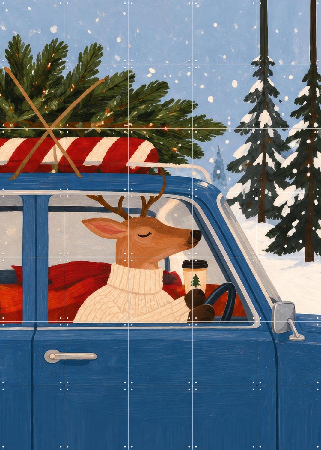 IXXI Driving Home For Christmas, Atelier Pommeline - 100 x 140 cm - Grote wanddecoratie en posters - Fantasierijk, Illustraties, Cartoonesk, Gang Blauw