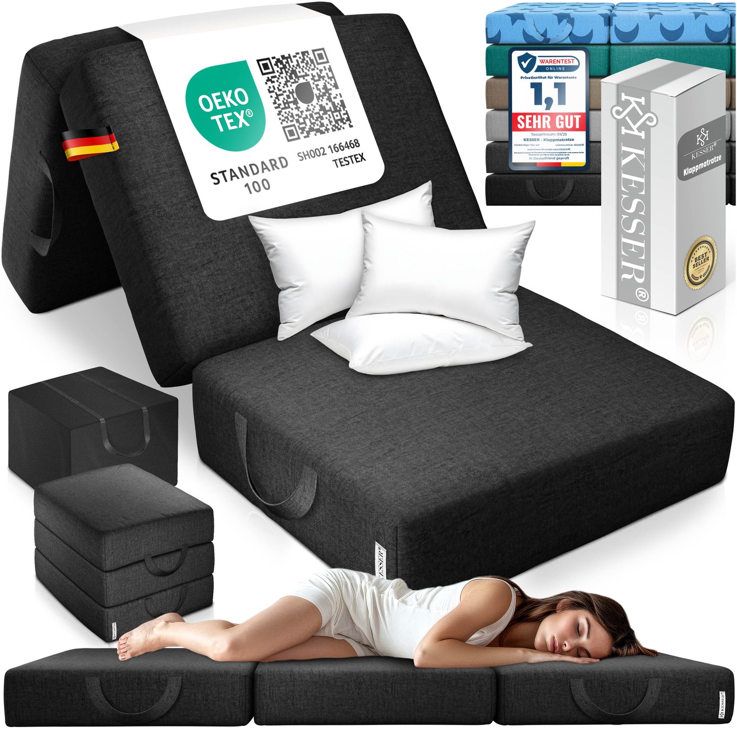 Kesser Vouwmatras 75 x 195 cm - Logeermatras 3-voudig Opvouwbaar, 15 cm Dik Schuim, Wasbare Hoes - Zwart