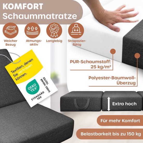 KESSER® Logeermatras - 3-voudig opvouwbaar vouwmatras met draagtas - 15 cm dik - 120x195 cm - Antraciet