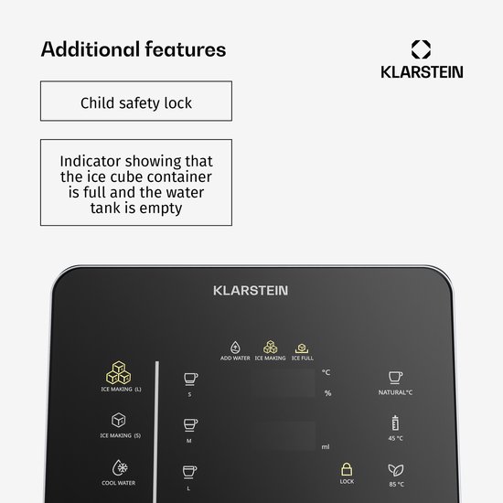 Klarstein NeoChill ijsblokjesmachine & waterdispenser – 3,5 L, 12 kg ijs/24 uur, heet, warm en koud water, kogelijs, touchscreen, kinderslot — afbeelding 2