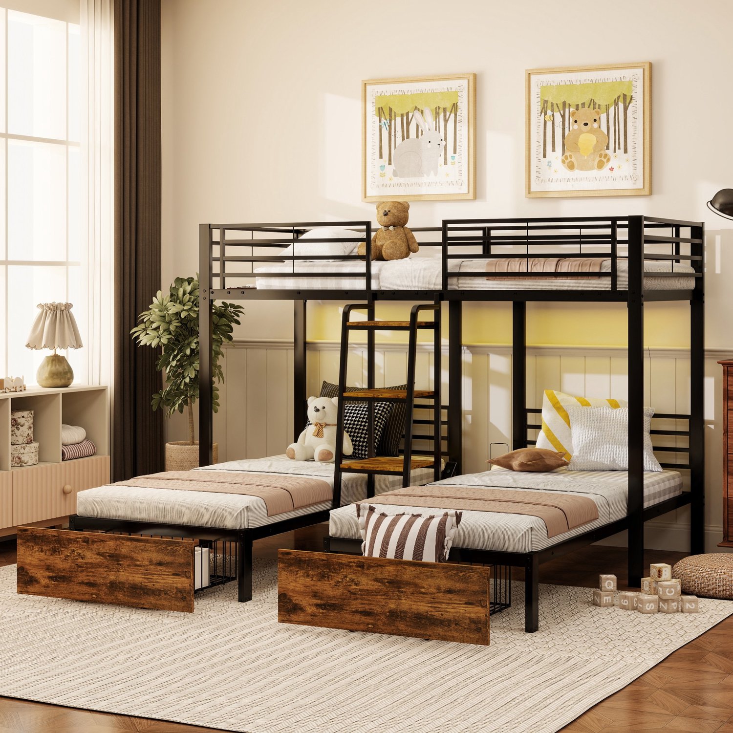 Sweiko Stapelbed - 90 x 200 cm - Metalen kinderbed voor 3 personen - 2 lades - Opbergrek - Zwart