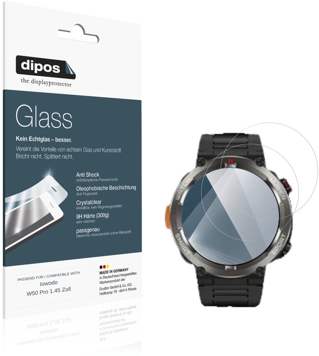 dipos – 2x Pantserfolie geschikt voor Iowodo W50 Pro 1.45 Zoll | 9H Screenprotector