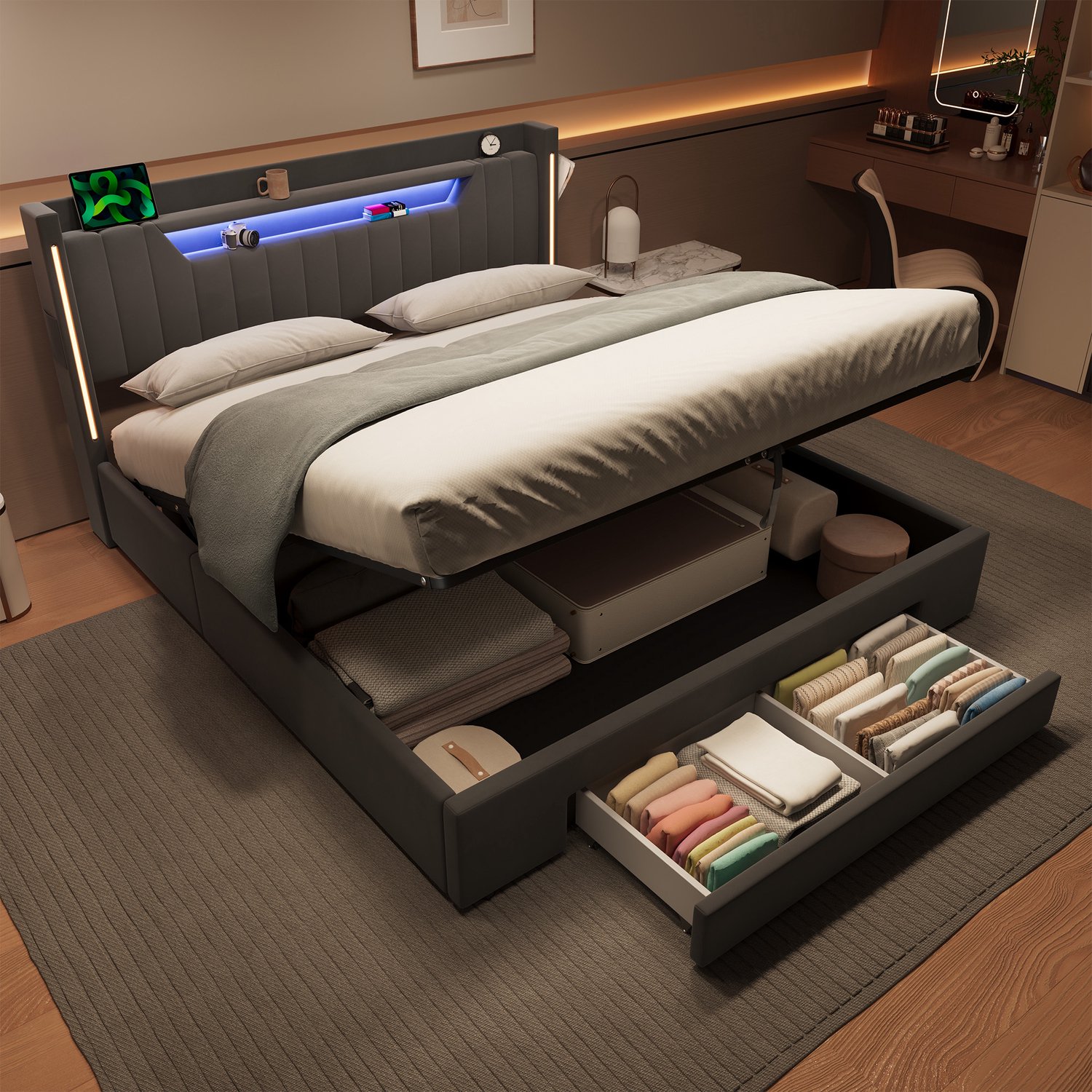 CHICFURN Gestoffeerd Bed 160x200 cm - Slaapkamer - LED-verlichting - Opbergbed met lade - Fluweel, hout en metaal - Donkergrijs
