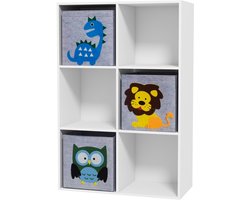Kidon Kinderopbergkast met 6 vakken en 3 lades - Met tiermotieven en kantelbeveiliging - 61,8 x 29,9 x 91,5 cm - Grijs/Wit