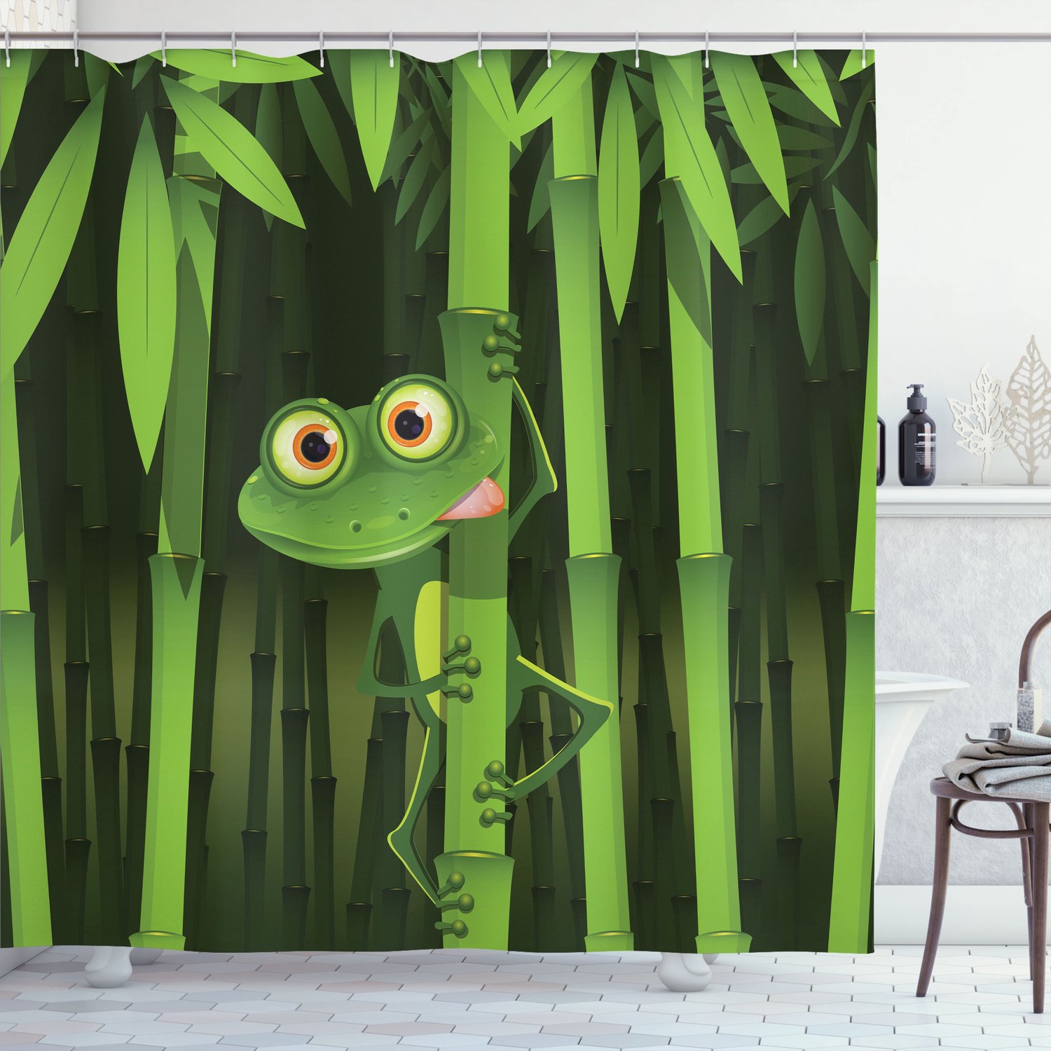 ABAKUHAUS Bamboe Douchegordijn, Jungle bomen Spaß-Kikker, Stoffen Badkamerdecoratieset met Haken, 175 x 240 cm, Groen