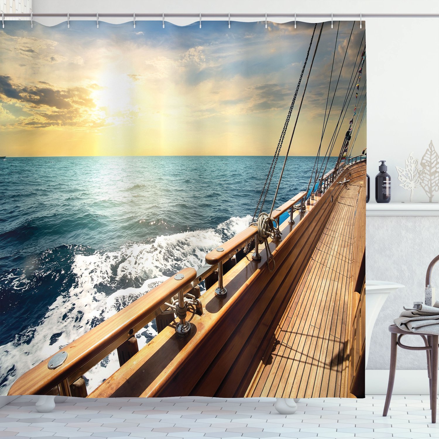 ABAKUHAUS Nautisch Douchegordijn, Segelboot-Zonsondergang Zee, Stoffen Badkamerdecoratieset met Haken, 175 x 240 cm, Crème en Blauw