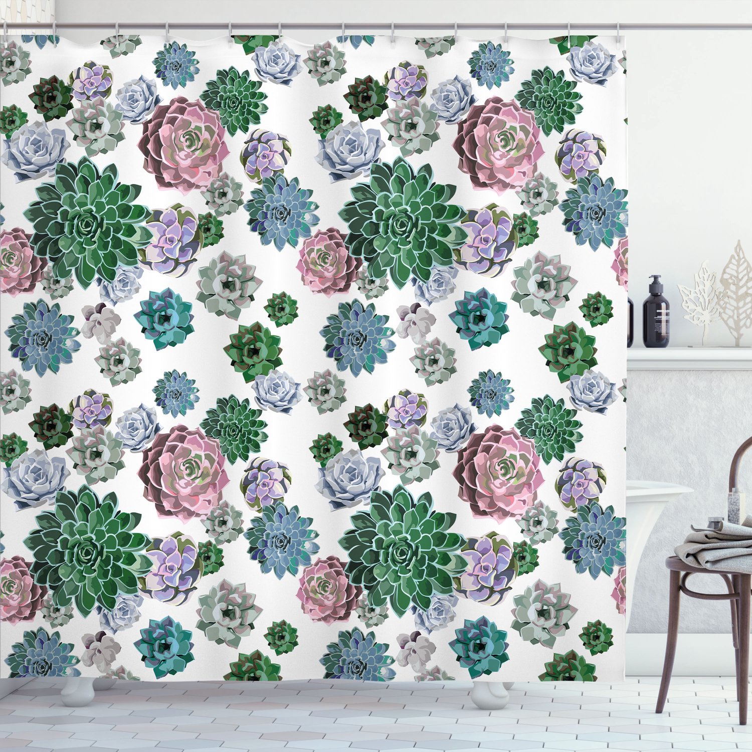 ABAKUHAUS Cactus Douchegordijn, Kleurrijk Patroon met Vetplanten, Tropische en Exotische Bladeren en Tuindesign, Stoffen Badkamerdecoratieset met Haken, 175 B x 200 L, Bosgroen