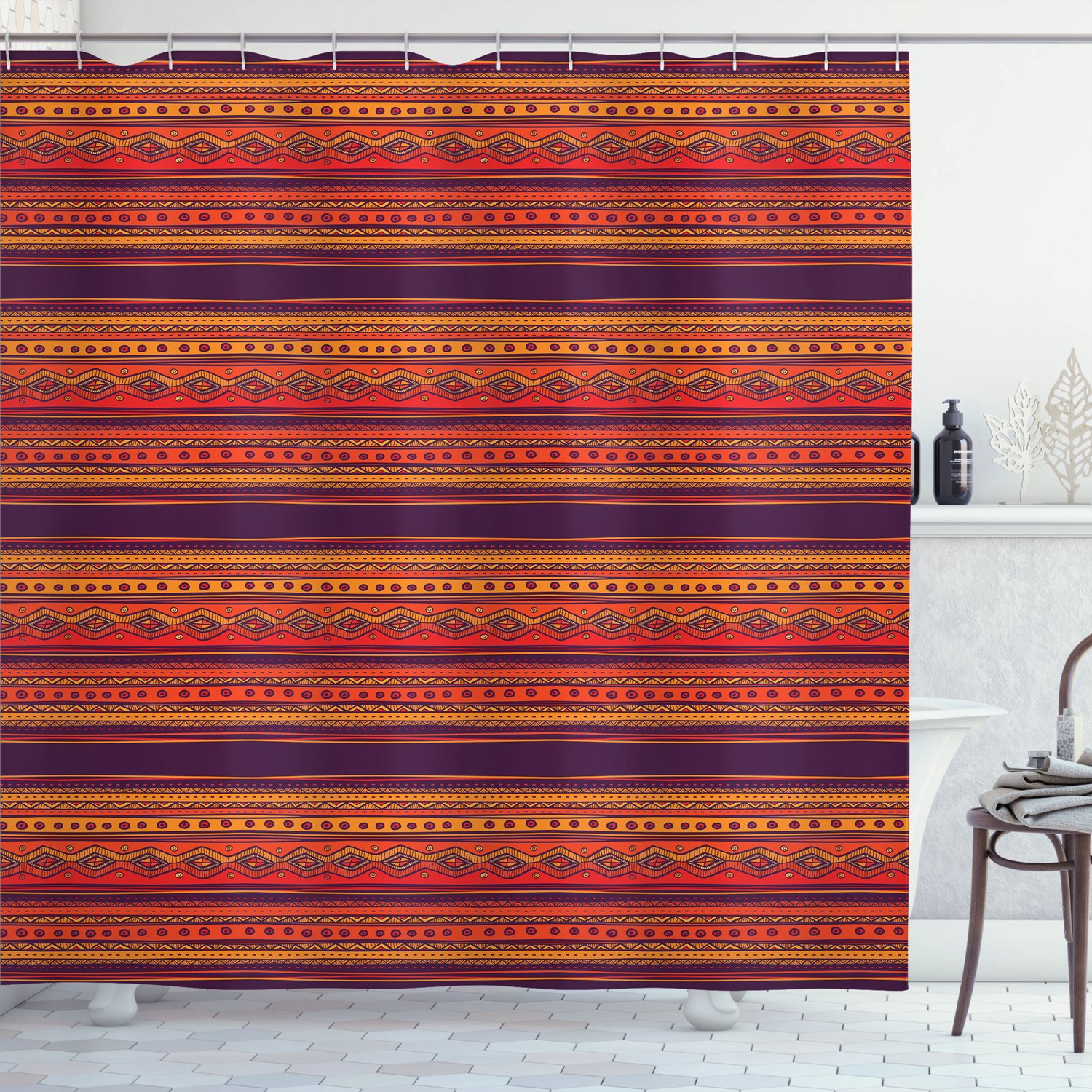 ABAKUHAUS Oranje Douchegordijn, Handgetekend Abstract Etnisch Patroon met Tribale Randen in Doodle-stijl, Stoffen Badkamerdecoratieset met Haken, 175 B x 200 L, Oranje Rood Pruim