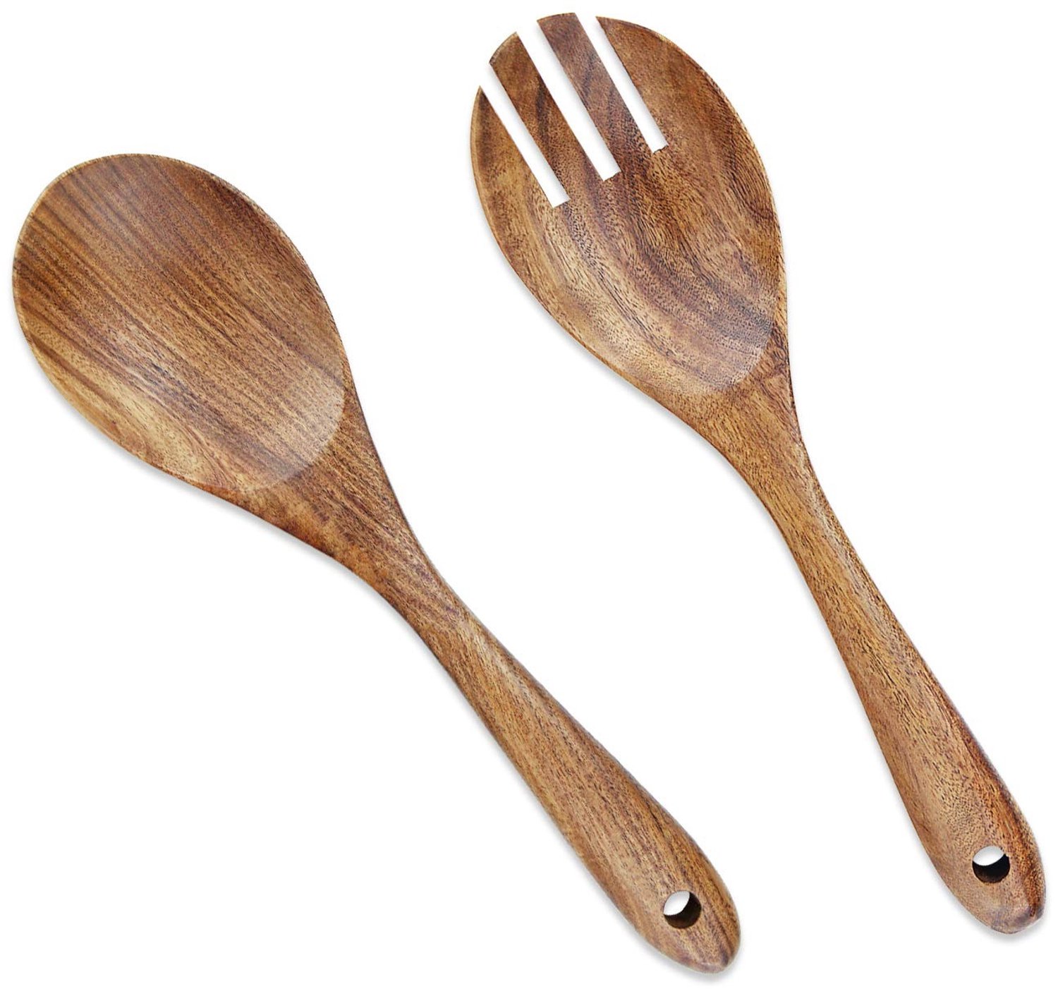 Famanu – 2 stuks houten saladeserveersets, 26,2 cm houten serveerlepelset voor salade, dinervork en -lepel met lange steel, saladetang, keukengerei, bestekset