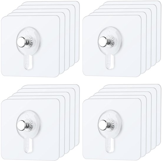 Set van transparante zelfklevende haken met een zilverkleurige metalen schroefkop en vierkante achterkant.