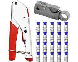 Speciale krimptangset voor netwerkkabels – Krimptangset voor coaxkabels – Krimptangset – Voor RG59/RG6 coaxkabels – Inclusief 20 F-type connectoren – Voor satellietkabels – Koolstofstaal