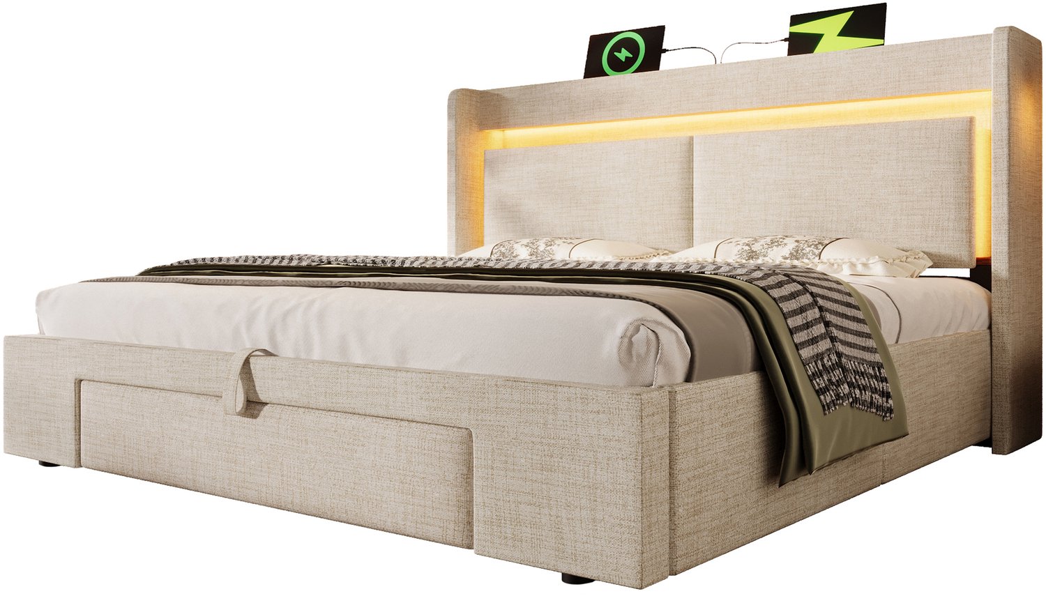 Gestoffeerd Bed 160x200 Met Hydraulische Opbergruimte - Hoofdbord Met LED, USB En USB-C - Linnen Met Houten Lattenbodem - Beige