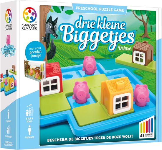 De verpakking van het spel 'drie kleine Biggetjes Deluxe' met een spelbord, varkens, huizen en een wolf.