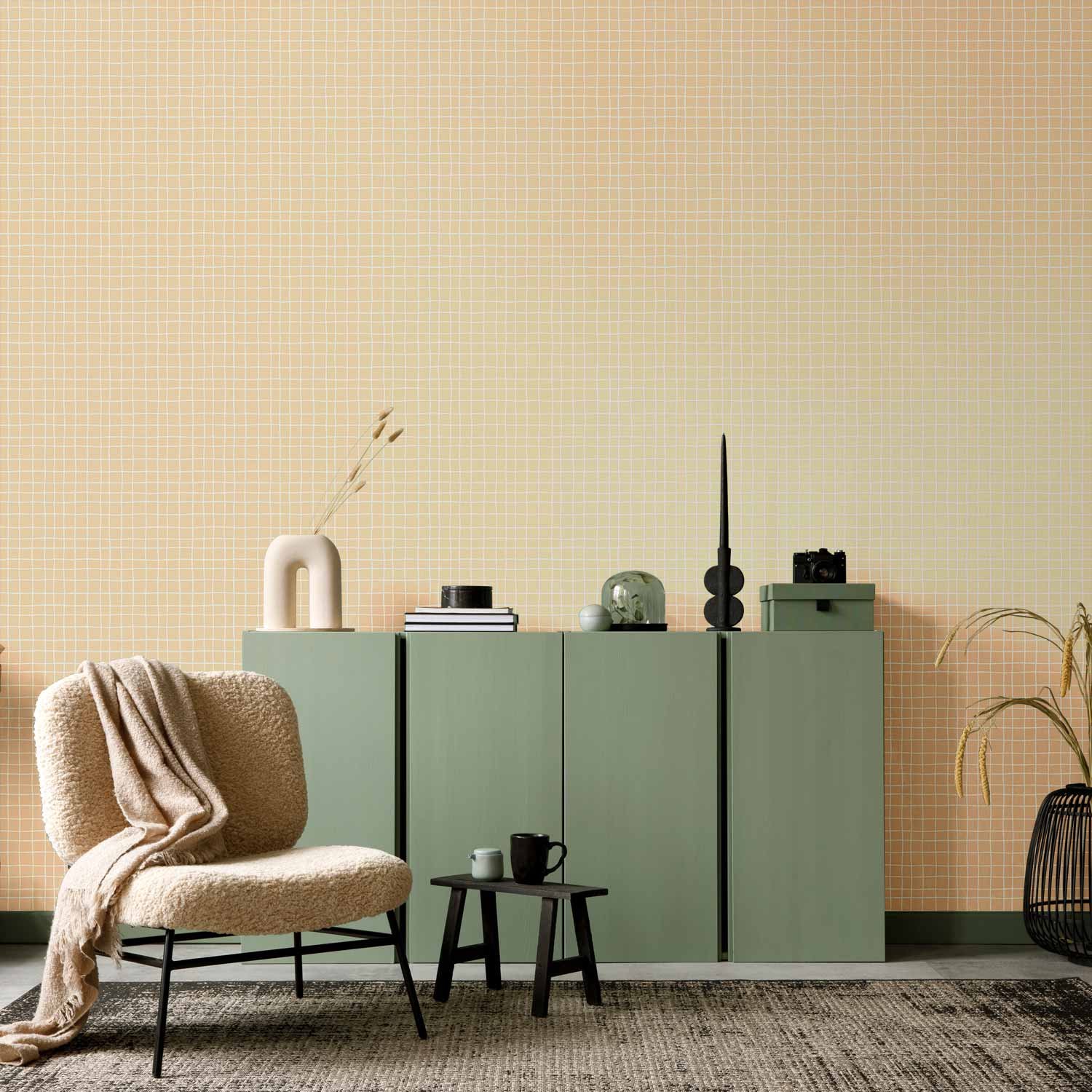 Behang - Waving Lines - Creamy Grid on a Noisy Pastel Background