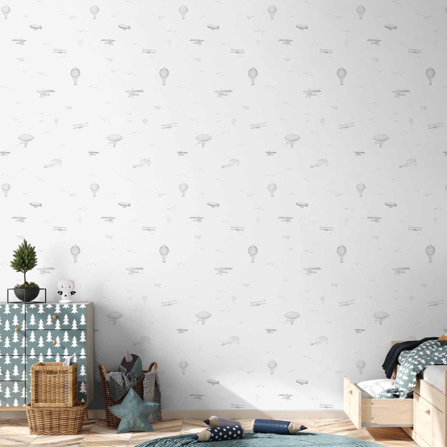 Behang - Drawing - Airplanes - balloons - and airships against a sky full of birds.