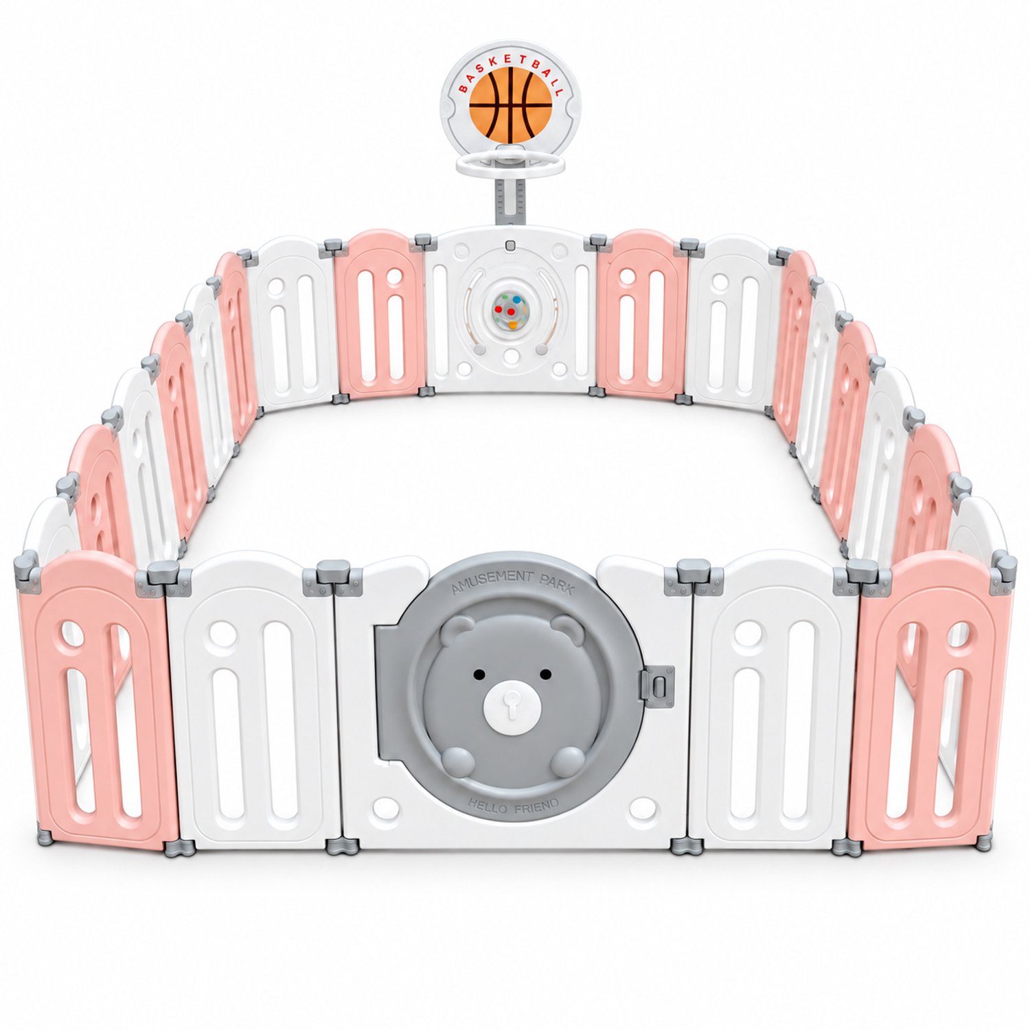 JustValue Grondbox - 201 x 201 cm - 20+2 Panelen - Speelhek met Deur, Speelpaneel en Basketbalring - Roze-wit