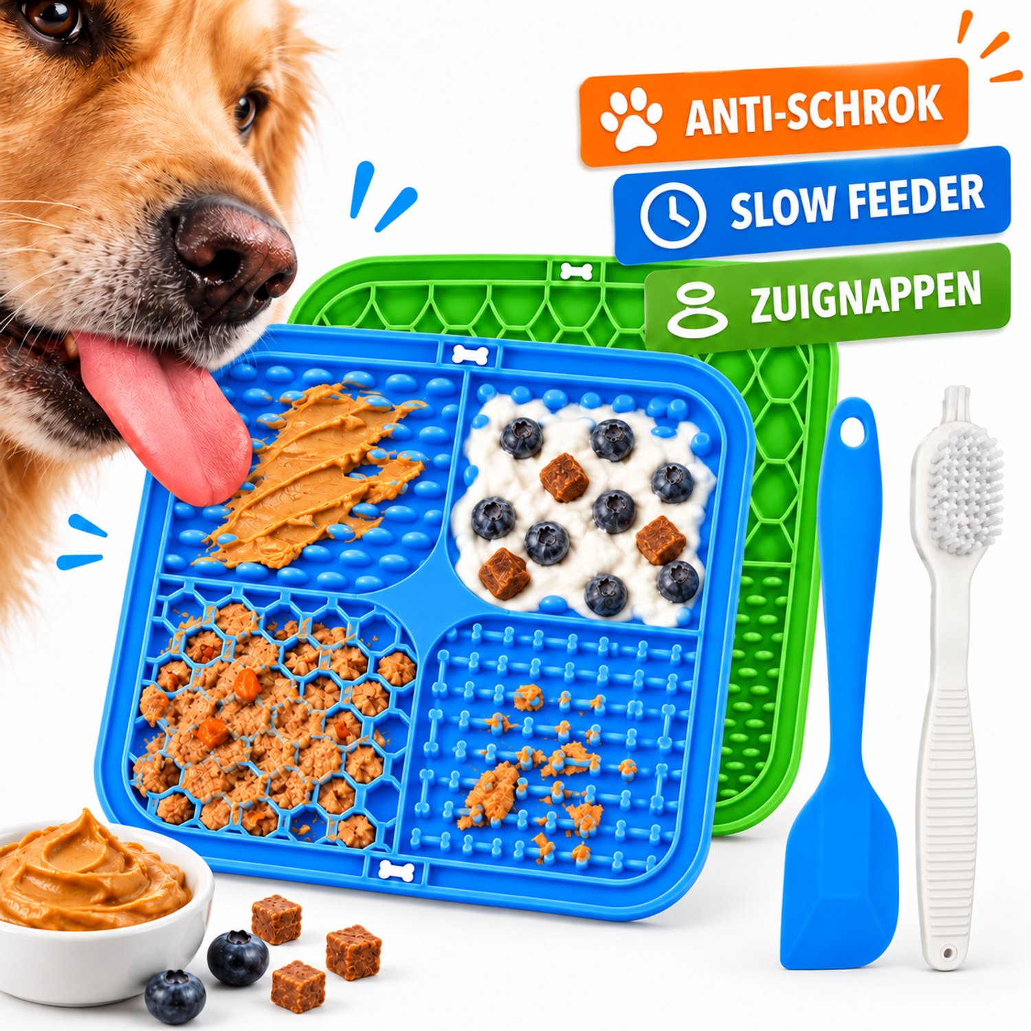 YYchan Likmat Hond 20x20 cm - Siliconen Slow Feeder / Voermat Hond - Anti-Schrok Hondenlikmat met Zuignappen - BPA-vrij & Vaatwasserbestendig - Inclusief Spatel en Borstel - Voor Pindakaas, Snacks, Natvoer en Yoghurt-Blauw En Groen